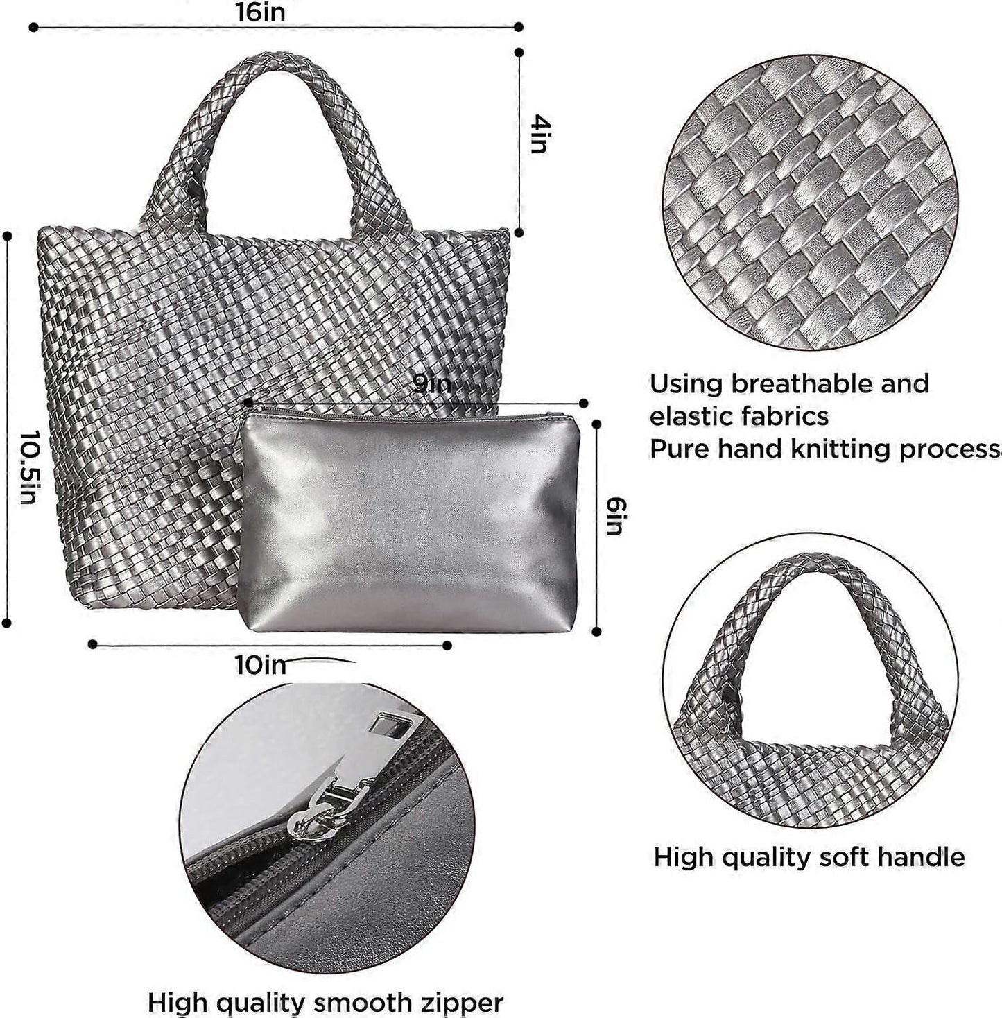 Woven Tote Bag for Women Soft Leather Handbag with Pocket