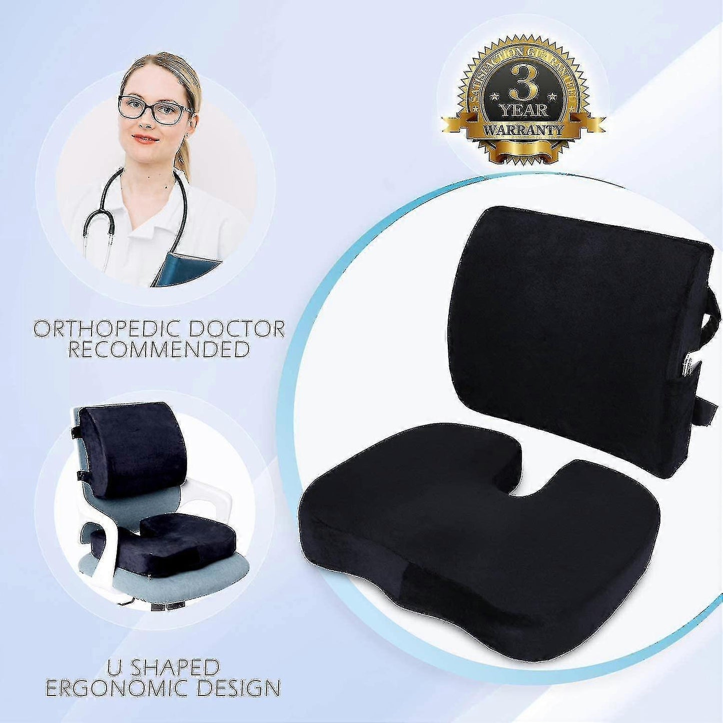 Memory Foam Seat & Back Cushion Set - Ergonomic Support for Car or Office Chairs