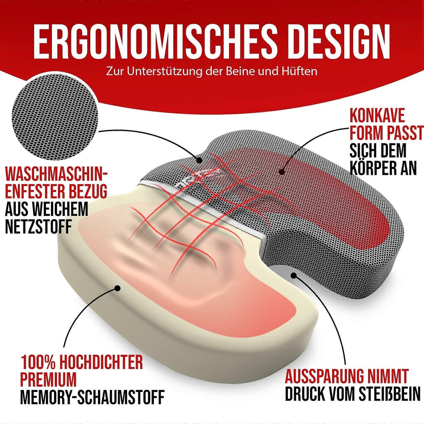 Orthopedic Seat Cushion - Memory Foam Lumbar Support for Office Chair & Car