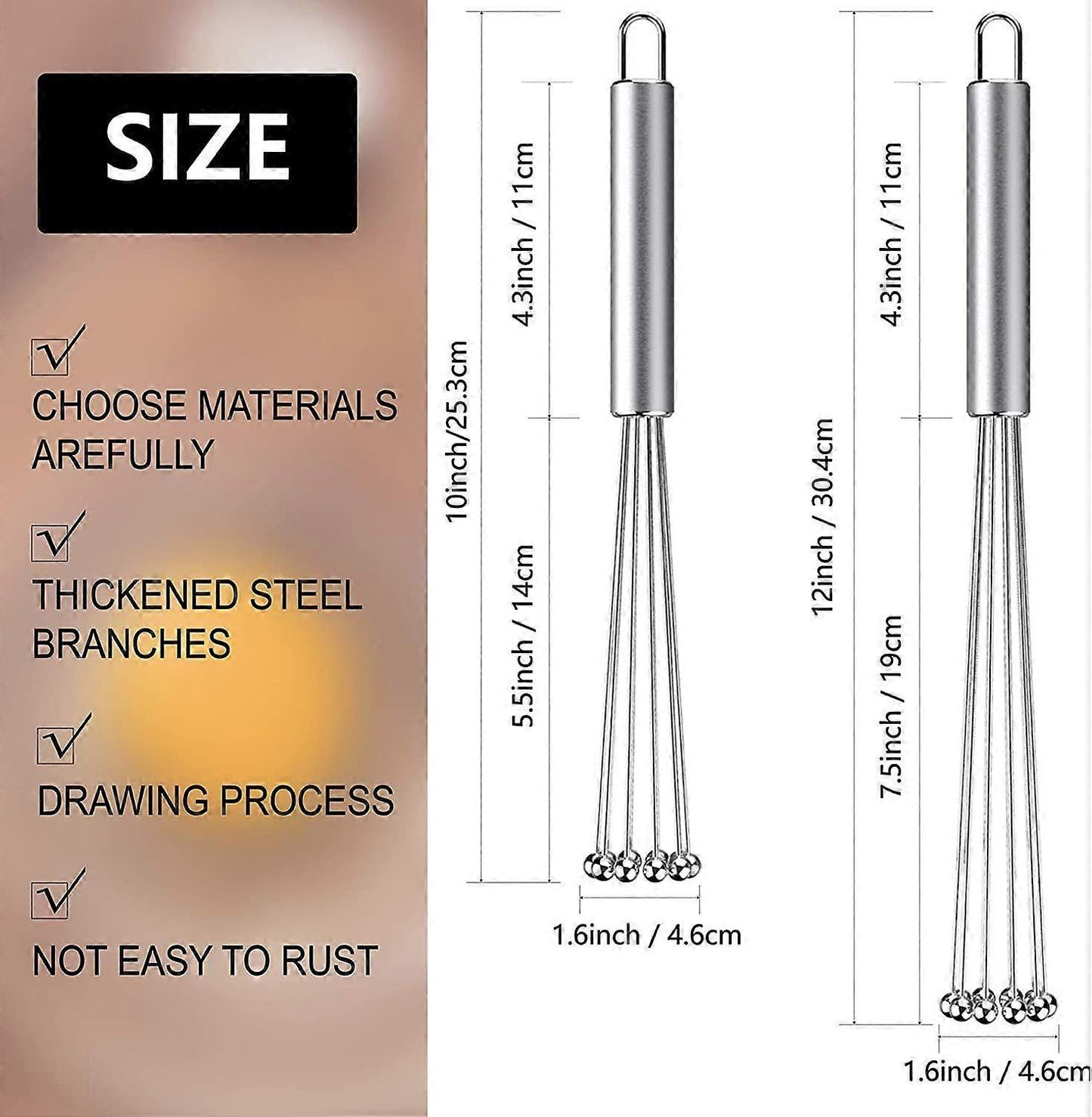 2pcs Stainless Steel Ball Whisk Set - Hand Whisks for Cooking and Mixing