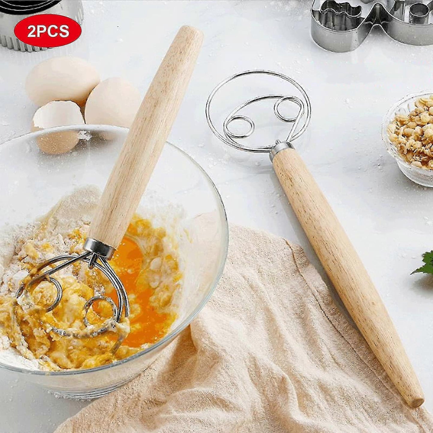 Set of 2 Bread Dough Whisks - Danish Dough Mixer Hand Stirrer