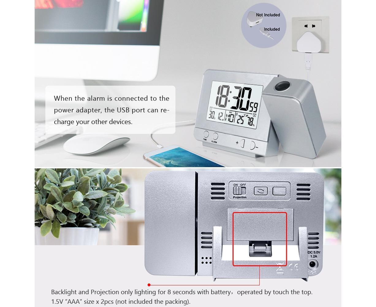 Desk Snooze LED Digital Backlight Date Function USB Charge Alarm Clock Projector-Silver - Silver