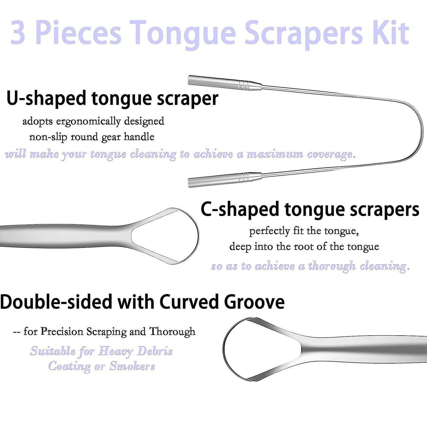 3 Pack Tongue Scrapers with Case, Stainless Steel Tongue Cleaner for Adults & Babies