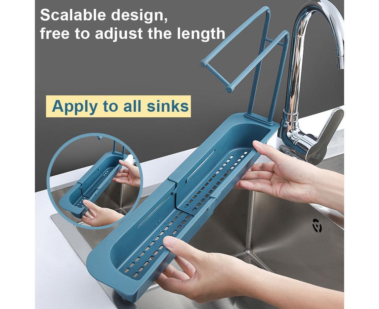 Home Kitchen Telescopic Sink Storage Tray Rack Holder Expandable Drain Basket-Blue