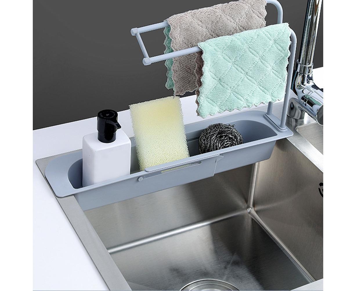 Home Kitchen Telescopic Sink Storage Tray Rack Holder Expandable Drain Basket-Blue