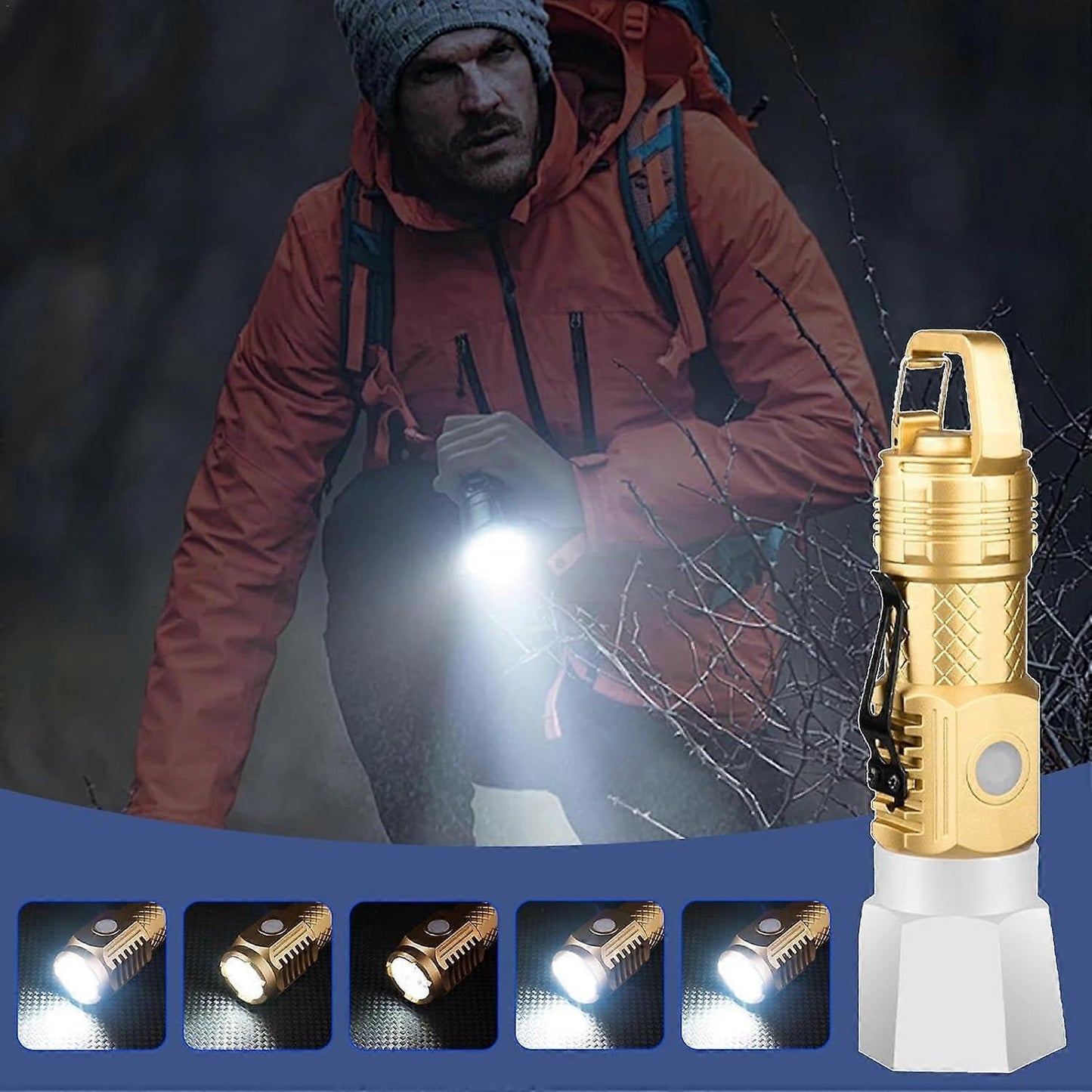 Camping Flashlight Small Waterproof LED Torch with Hook USB Rechargeable