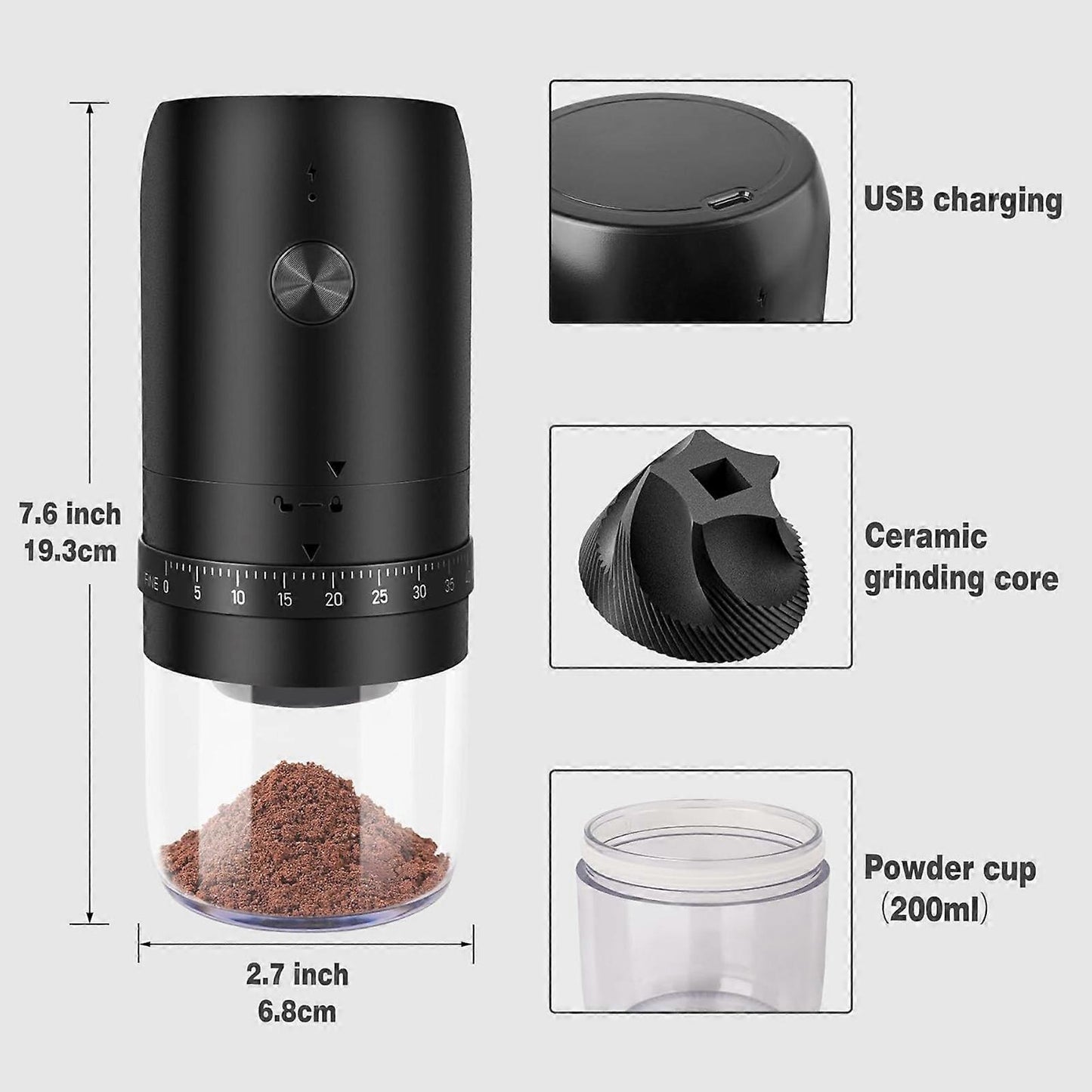 Electric Coffee Grinder - Rechargeable Coffee Mill, Compact Grinder for Office & Travel