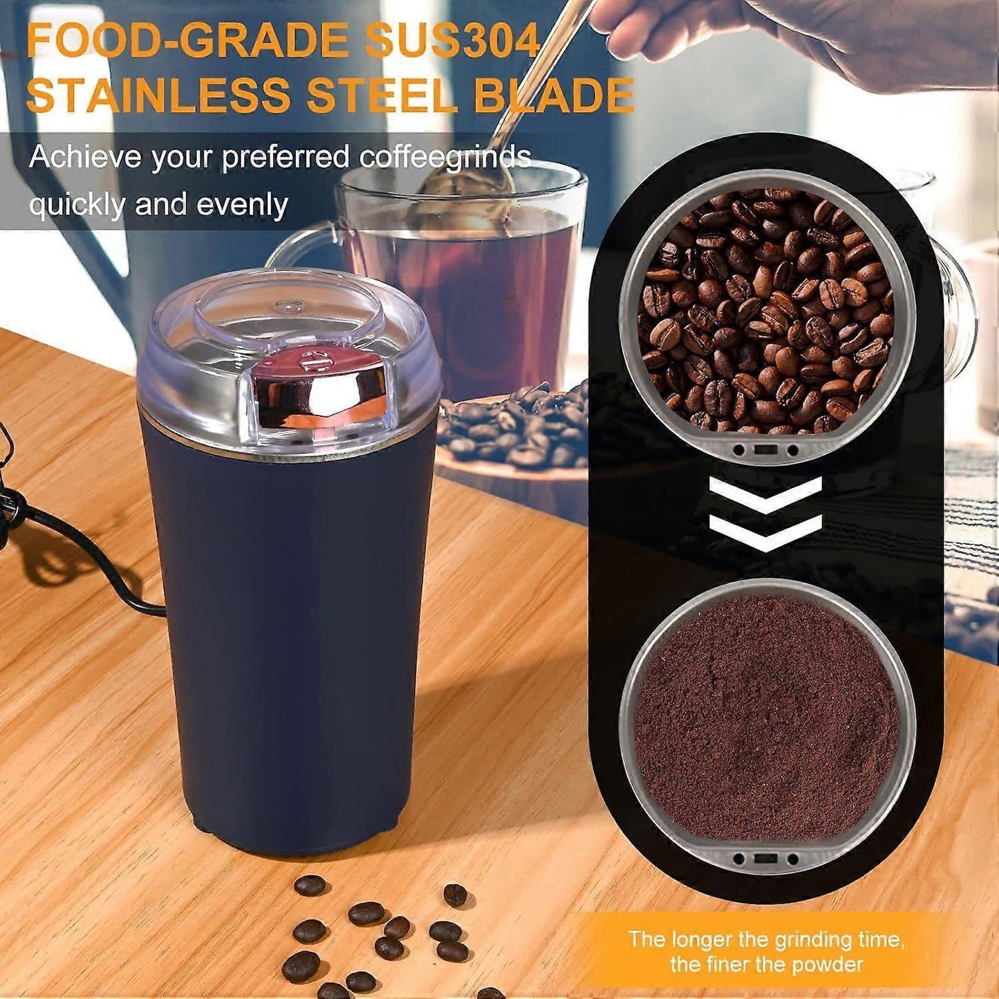 200W Electric Coffee Grinder - Stainless Steel Blades, Overheat Protection, Portable Mill