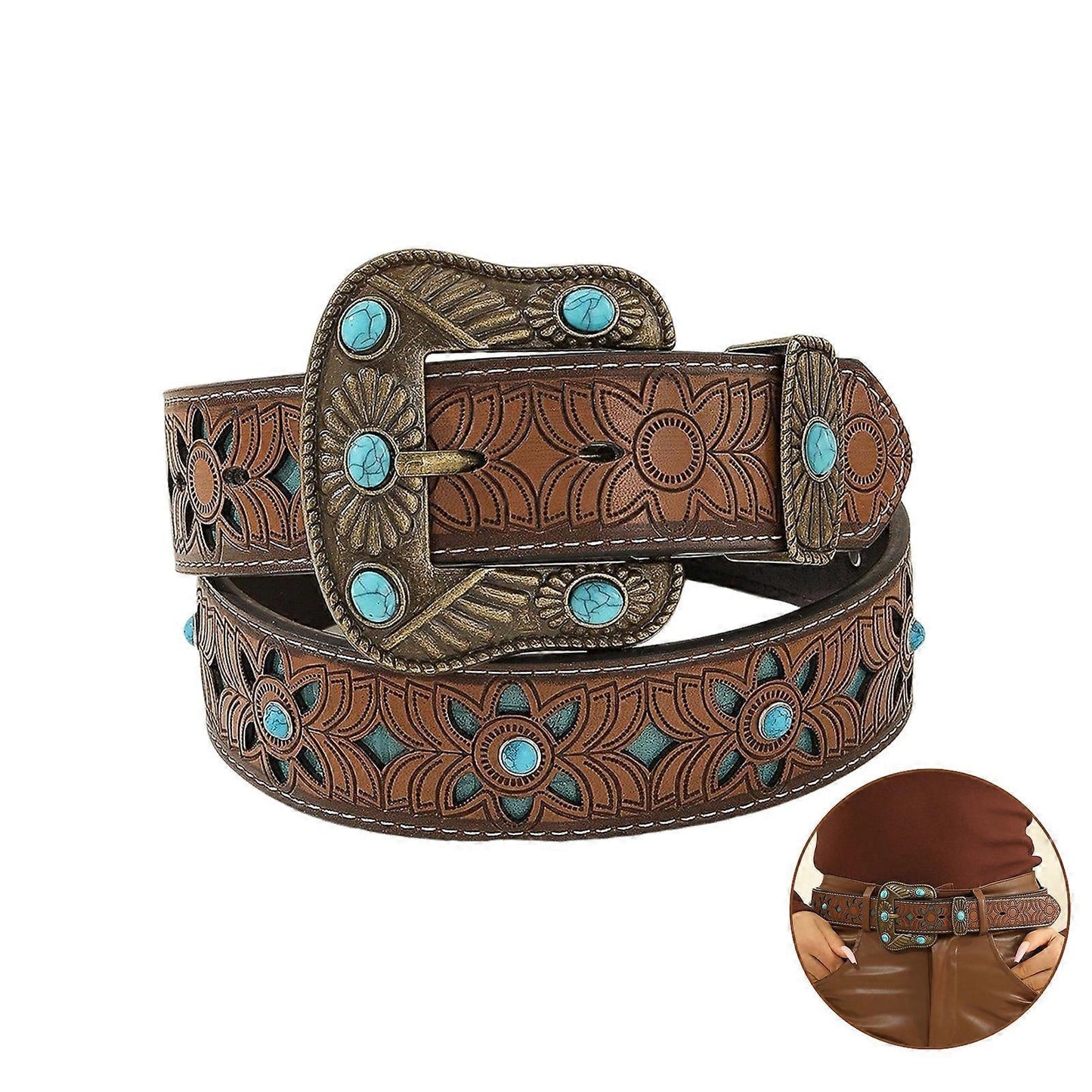 125cm Women's Carved Antique PU Leather Belt for Casual Wear