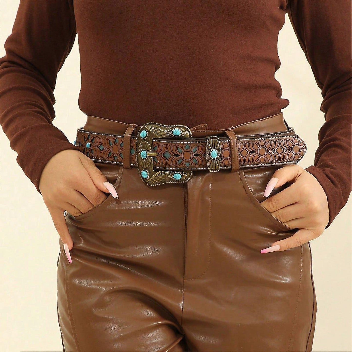 125cm Women's Carved Antique PU Leather Belt for Casual Wear