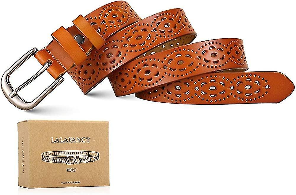 110cm Genuine Cowhide Leather Belt for Women, Hollow Flower Design