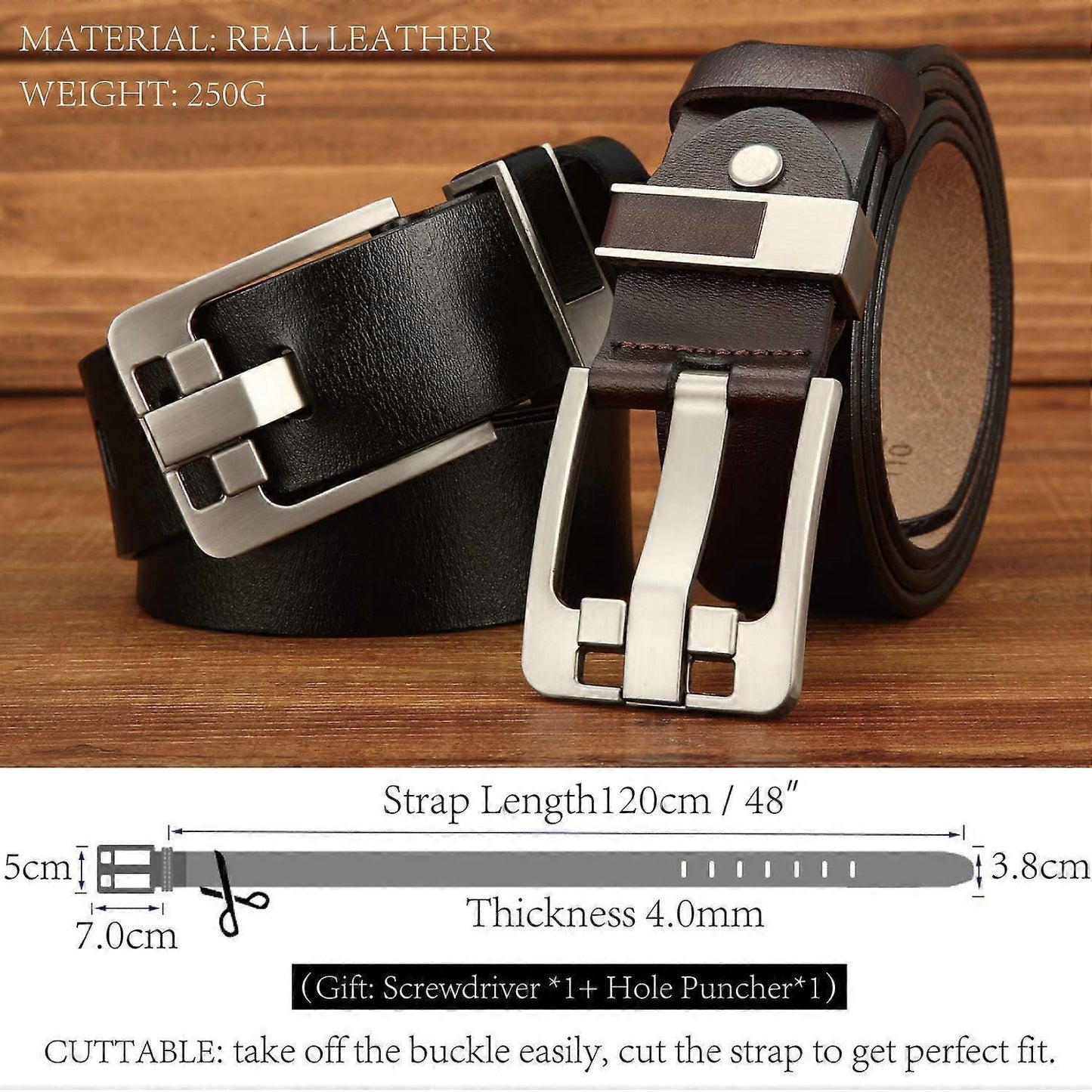 Men's 120cm Full Grain Cowhide Leather Belt, Brown Anti-Scratch Pin Buckle