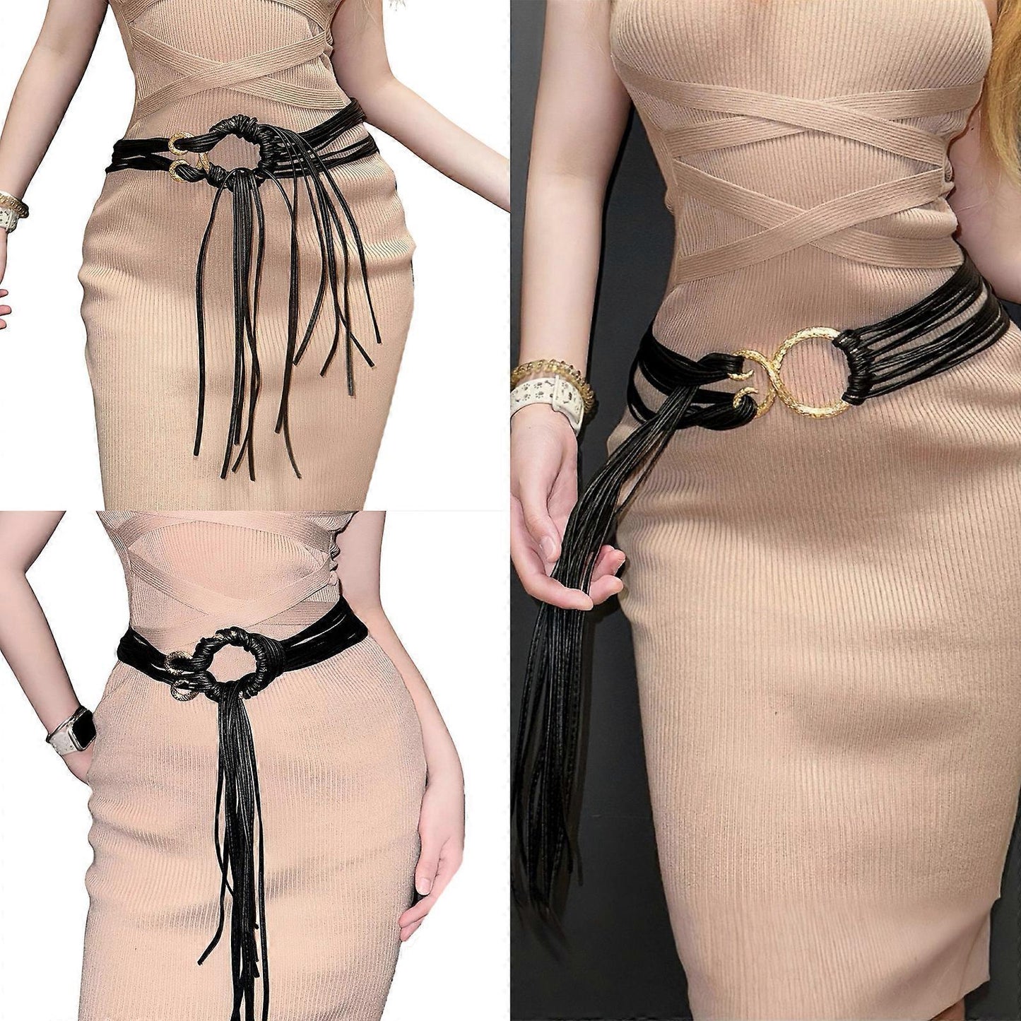 Retro Unisex Tassel Leather Belt with Hollow Out Waistband for Casual or Business