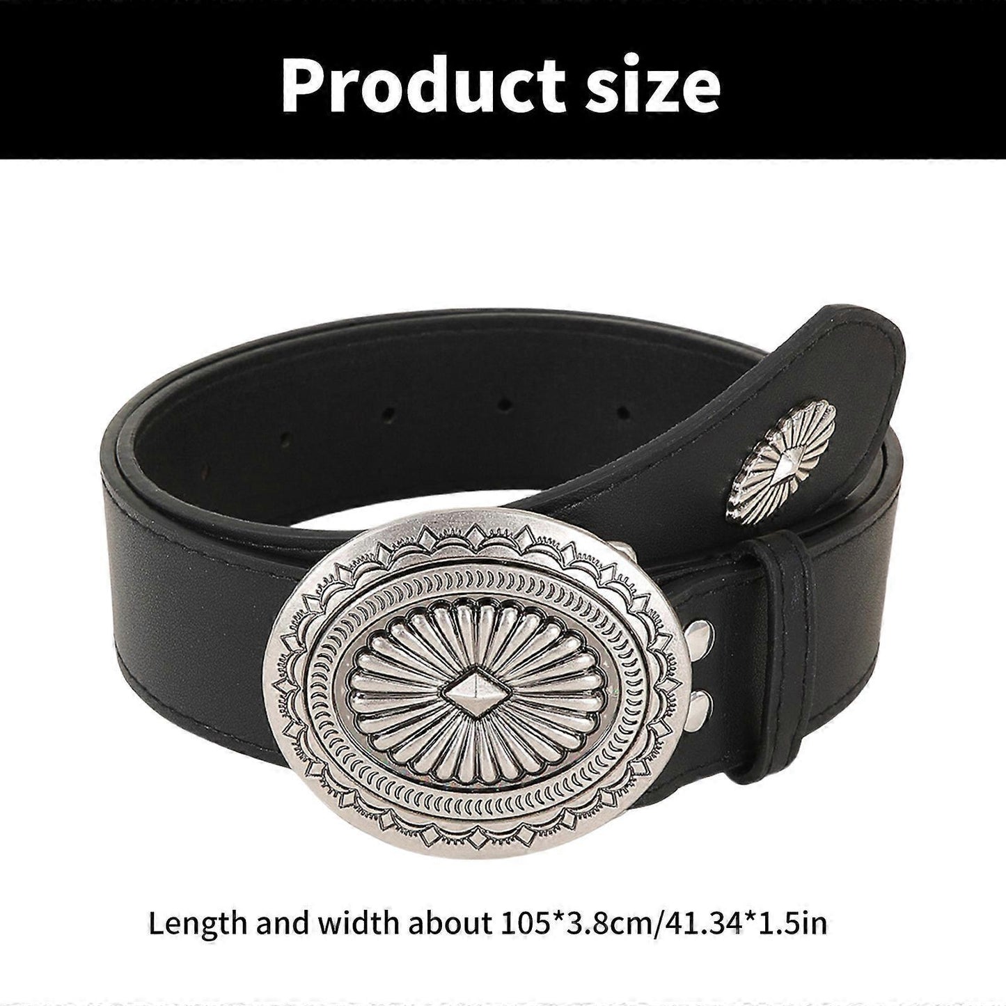 Vintage Adjustable Leather Wide Belt, Western Style with Aluminum Buckle Black