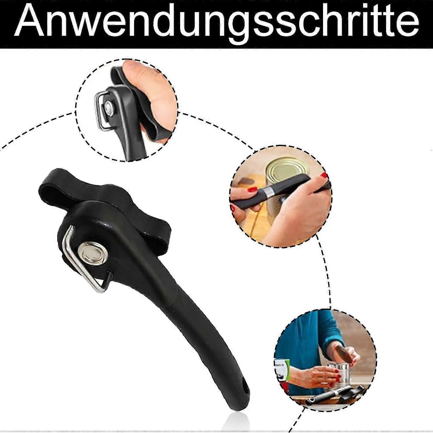 Manual Stainless Steel Can Opener, No Sharp Edges, Black, Restaurant & Kitchen Use