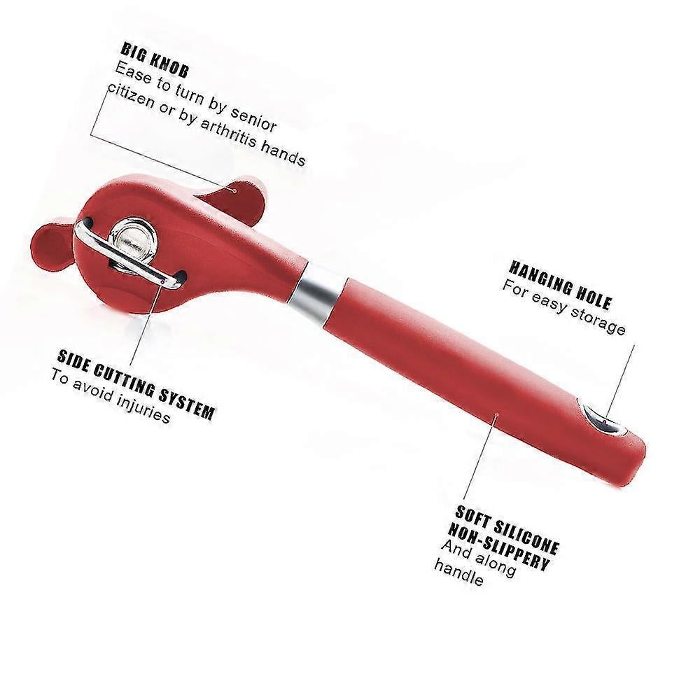 Manual Stainless Steel Can Opener, Smooth Edge, Red Handle