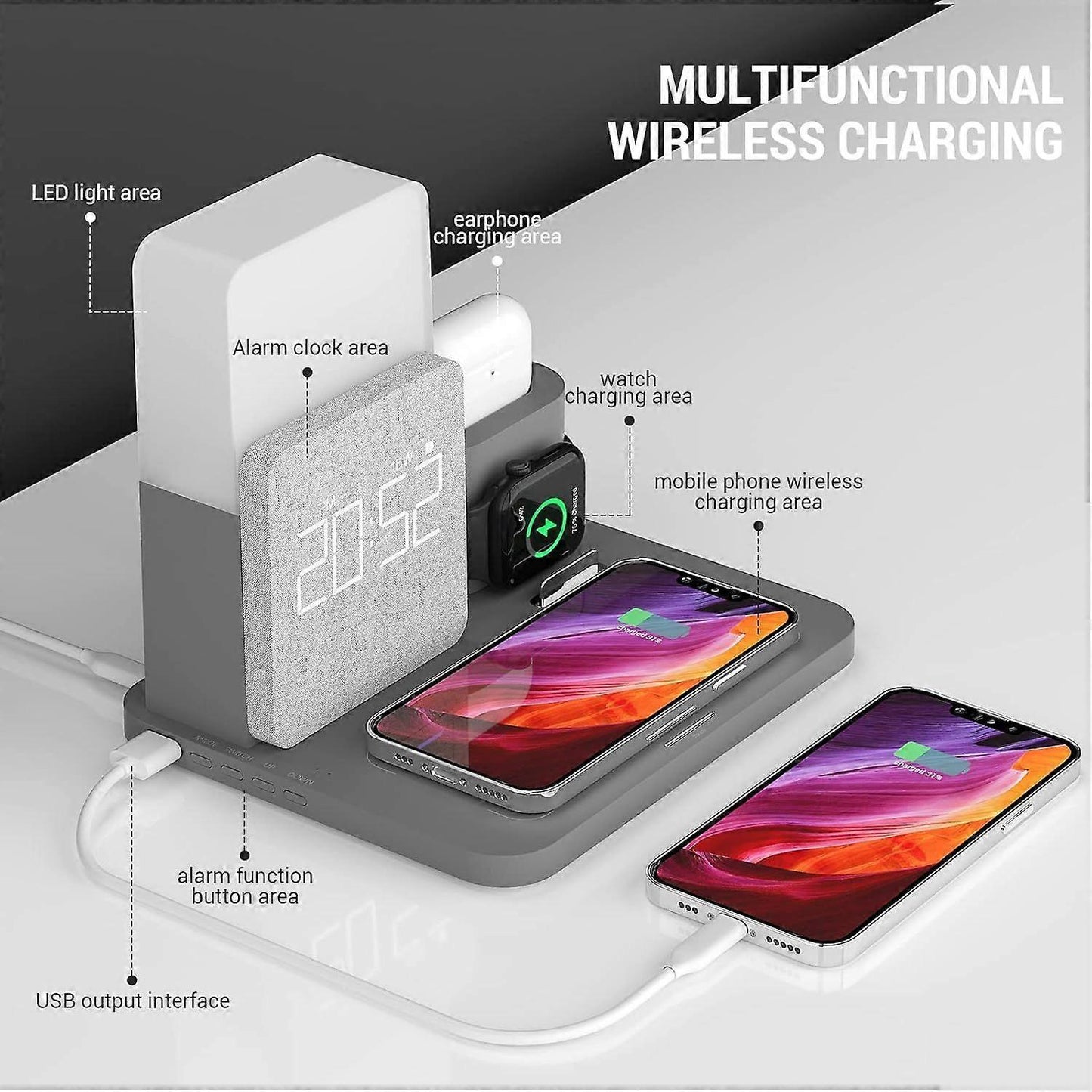 3-in-1 Wireless Charging Station with Alarm Clock