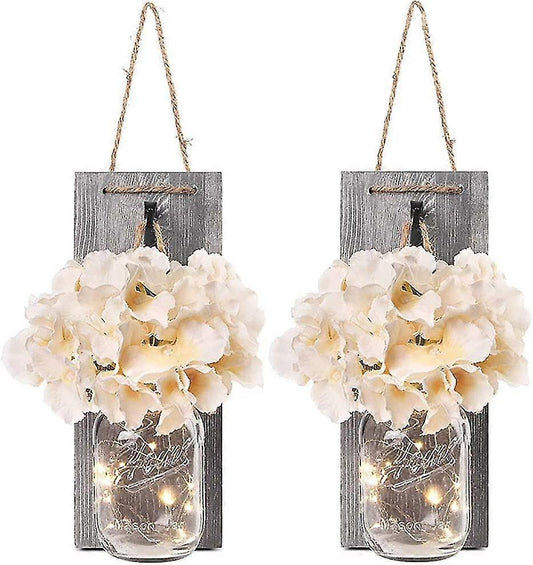 Rustic Mason Jar LED String Lights with Silk Hydrangea, Set of 2
