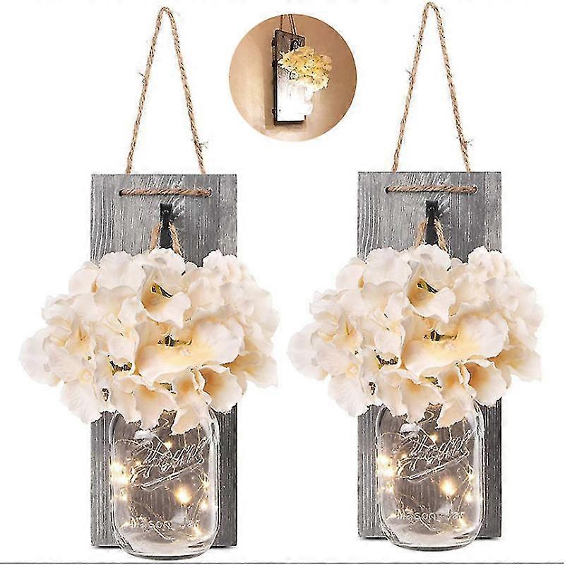 Rustic Mason Jar LED String Lights with Silk Hydrangea, Set of 2