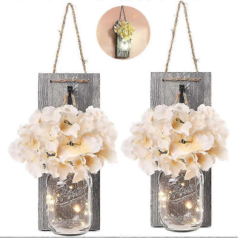 Rustic Mason Jar LED String Lights with Silk Hydrangea, Set of 2