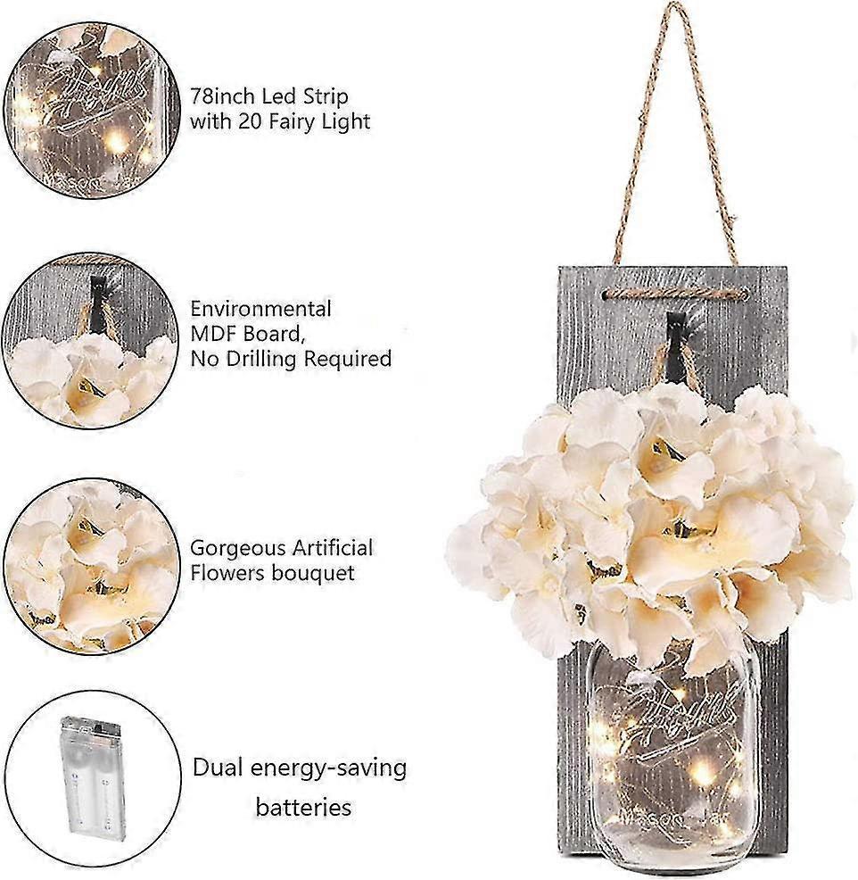 Rustic Mason Jar LED String Lights with Silk Hydrangea, Set of 2