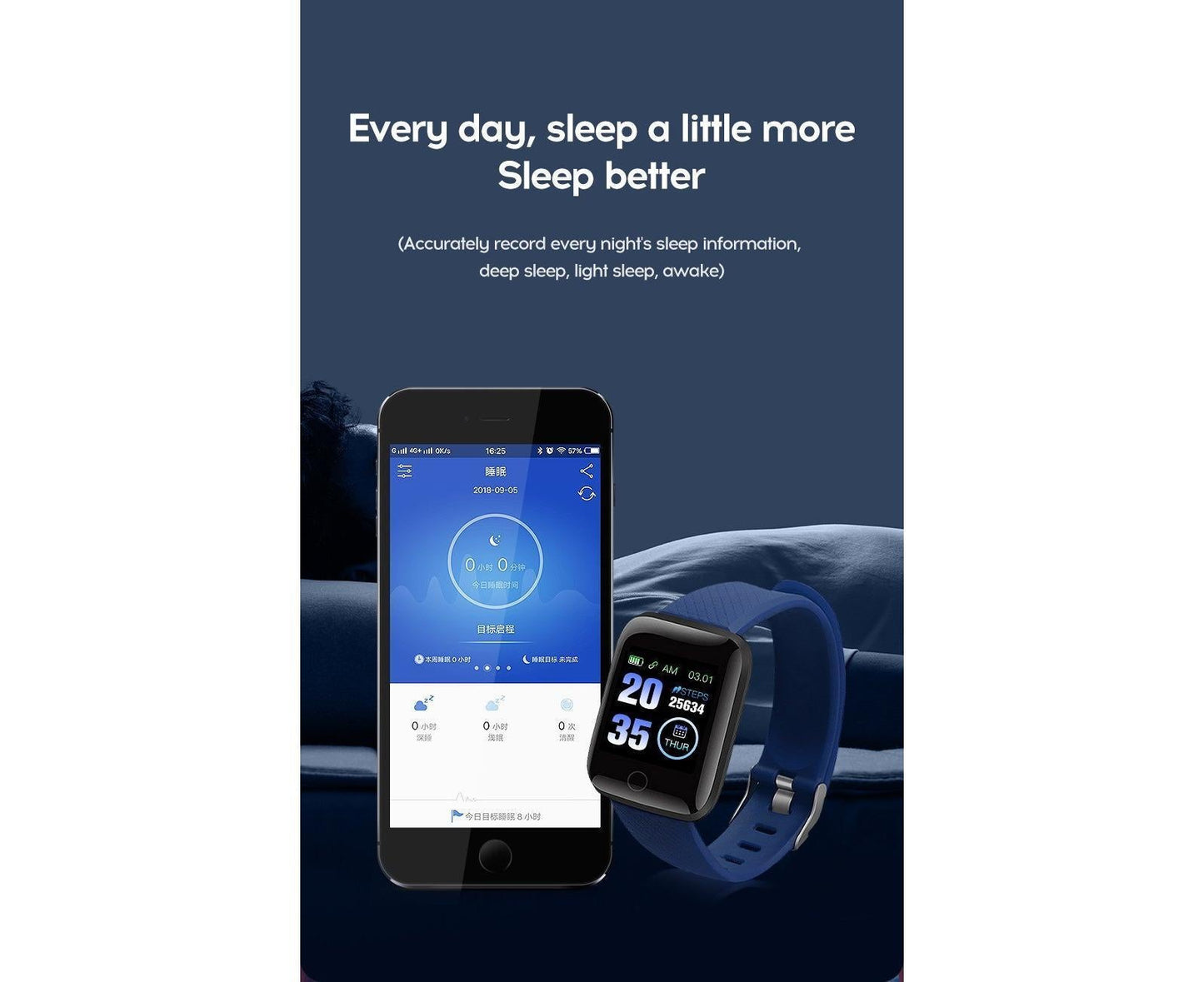 116Plus Sports Android IOS Bluetooth Touch Water Resistant Screen Fitness Tracker Smart Wrist Bracelet - Black