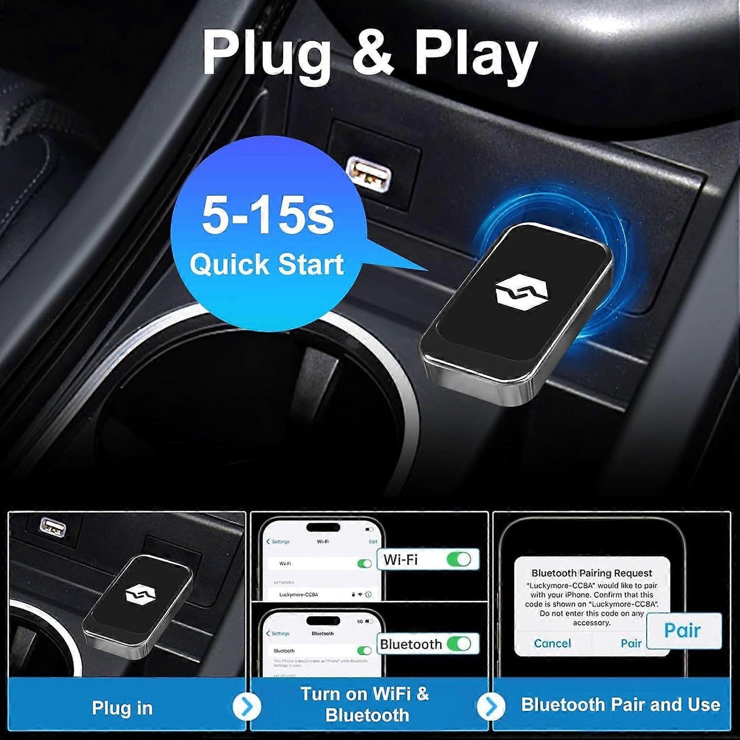2-in-1 Wireless CarPlay Adapter for CarPlay & Android Auto, Plug & Play Dongle