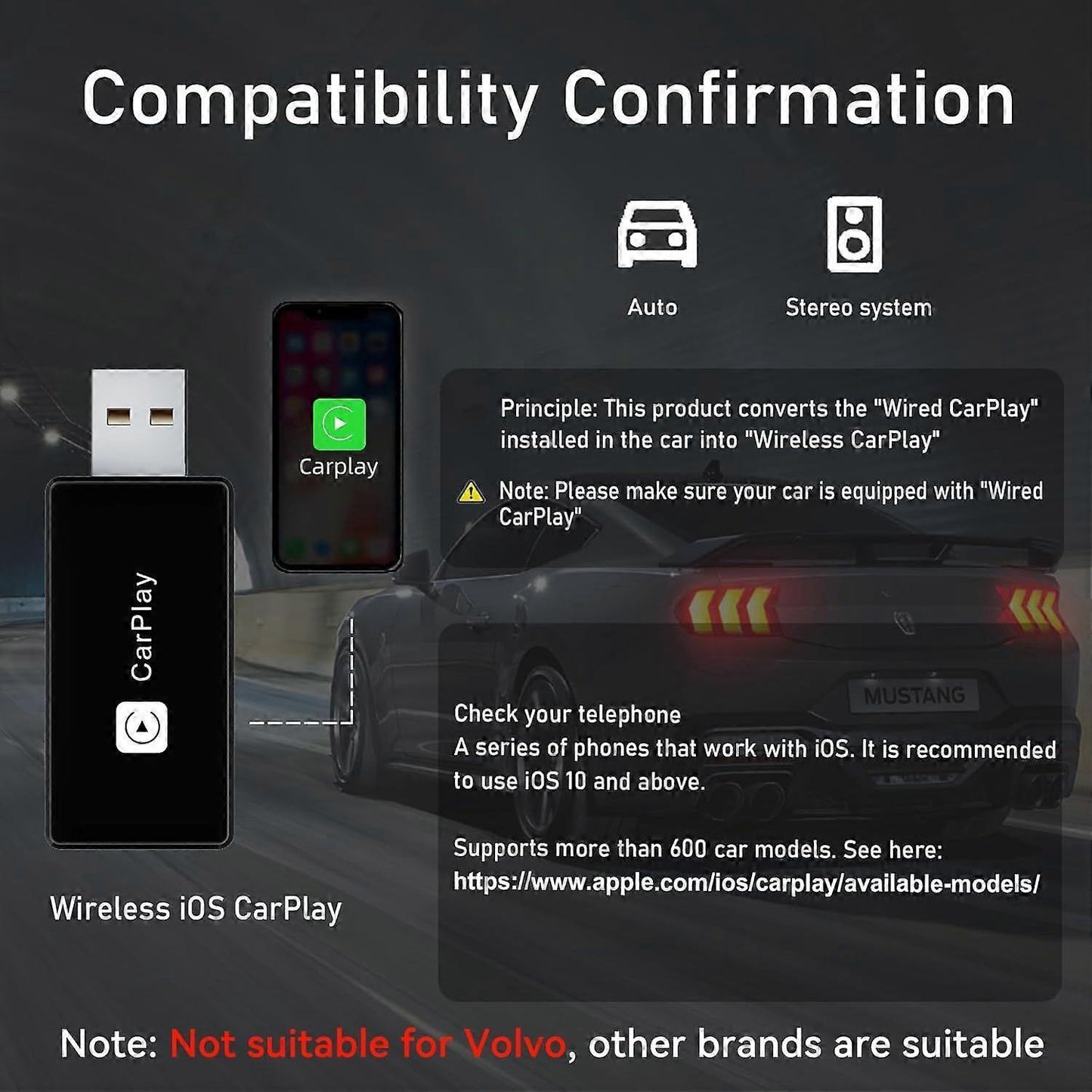 Wireless CarPlay Adapter, Converts Wired to Wireless for iPhone