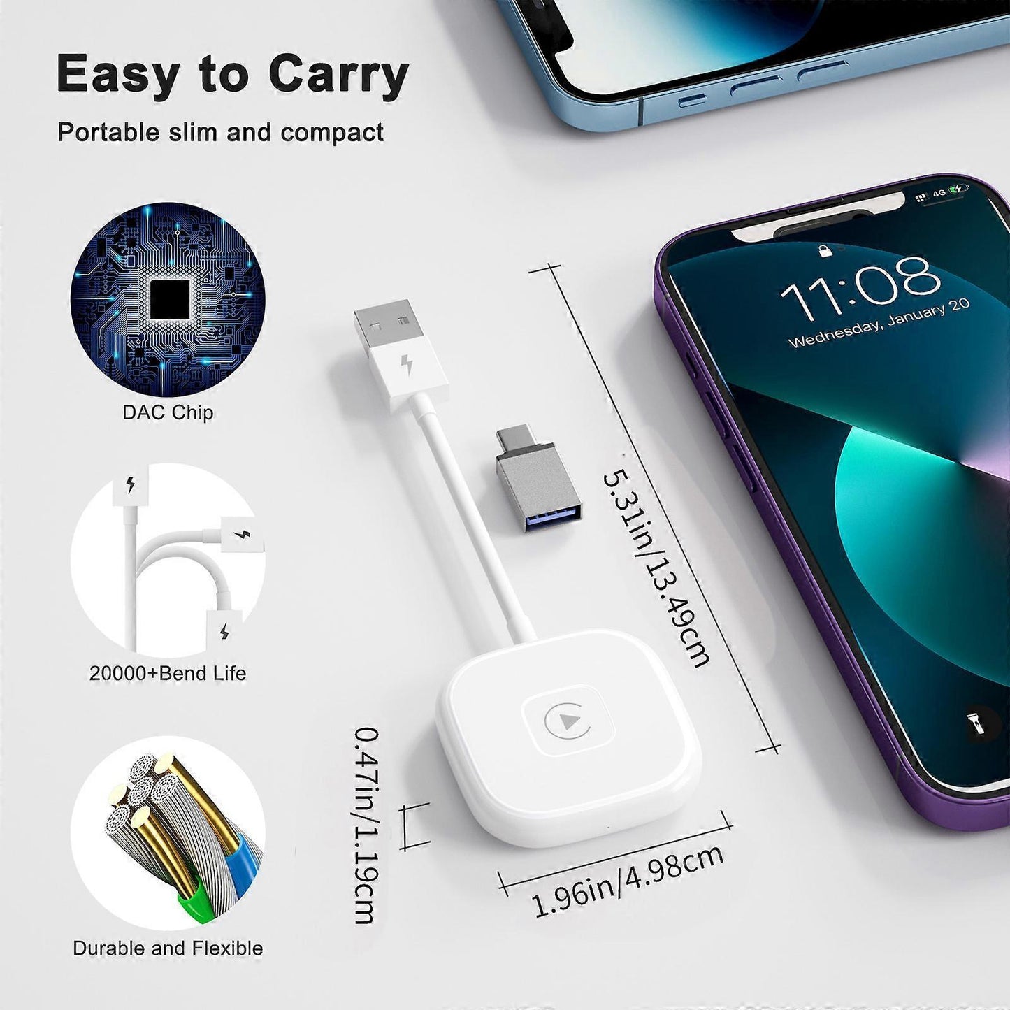 Lightweight Wireless CarPlay Adapter, Portable Wired to Wireless Converter