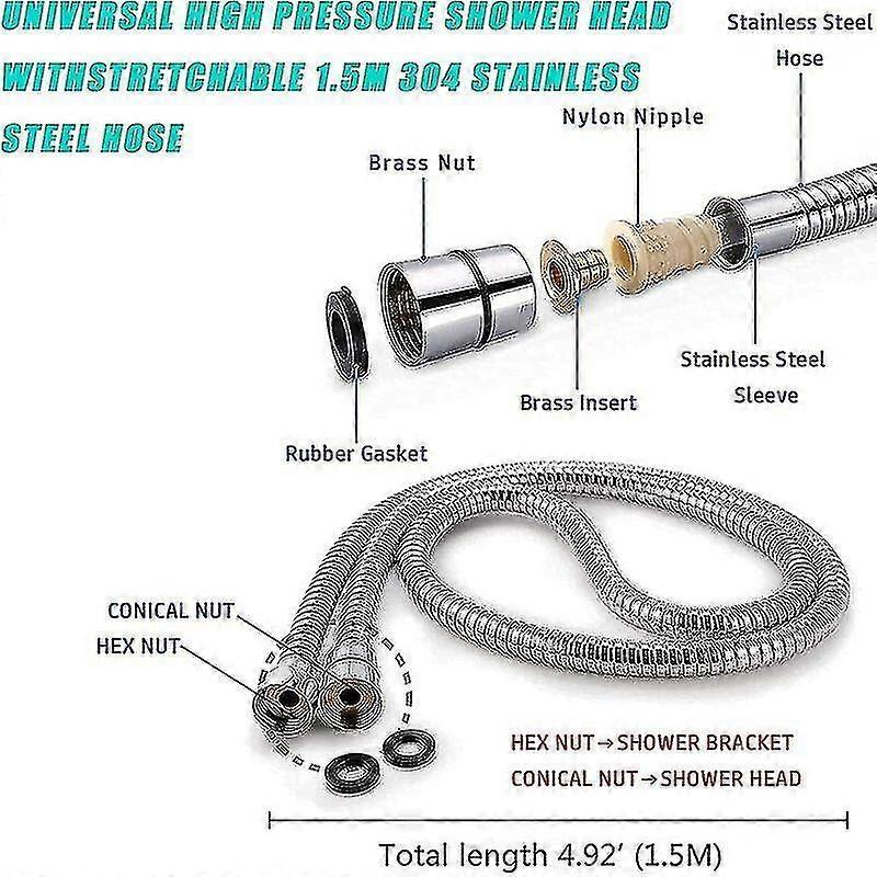 Water Saving Shower Head with 1.5m Hose, Bathroom Handheld