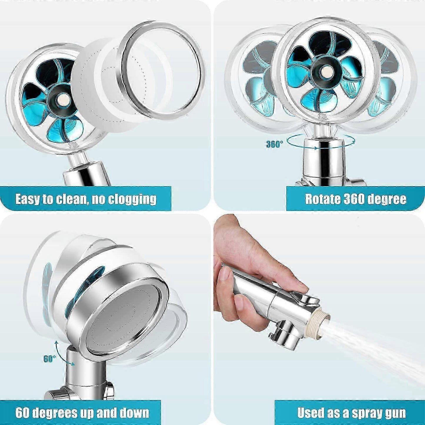 Rotating Propeller Shower Head with Filter, High Pressure & Water Saving
