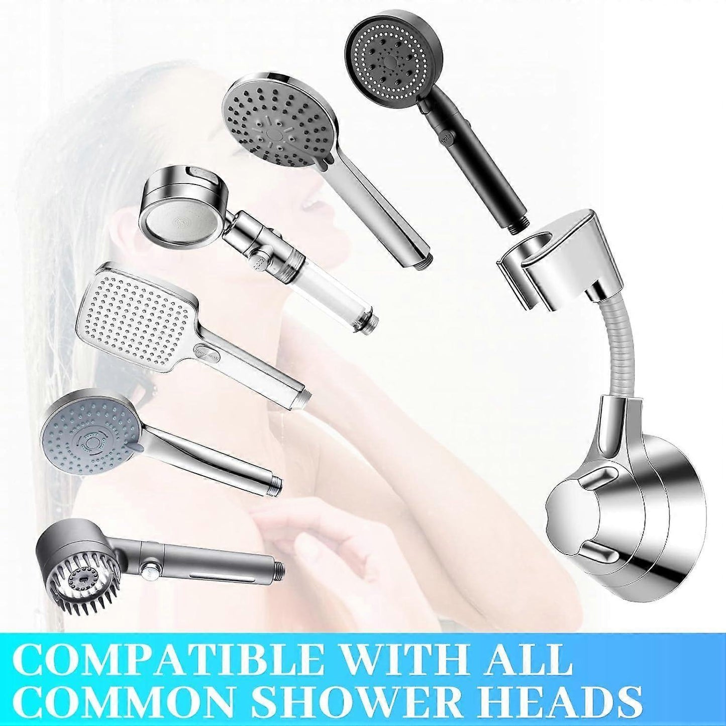 Silver Shower Head Holder, No Drill Wall Mount Bracket