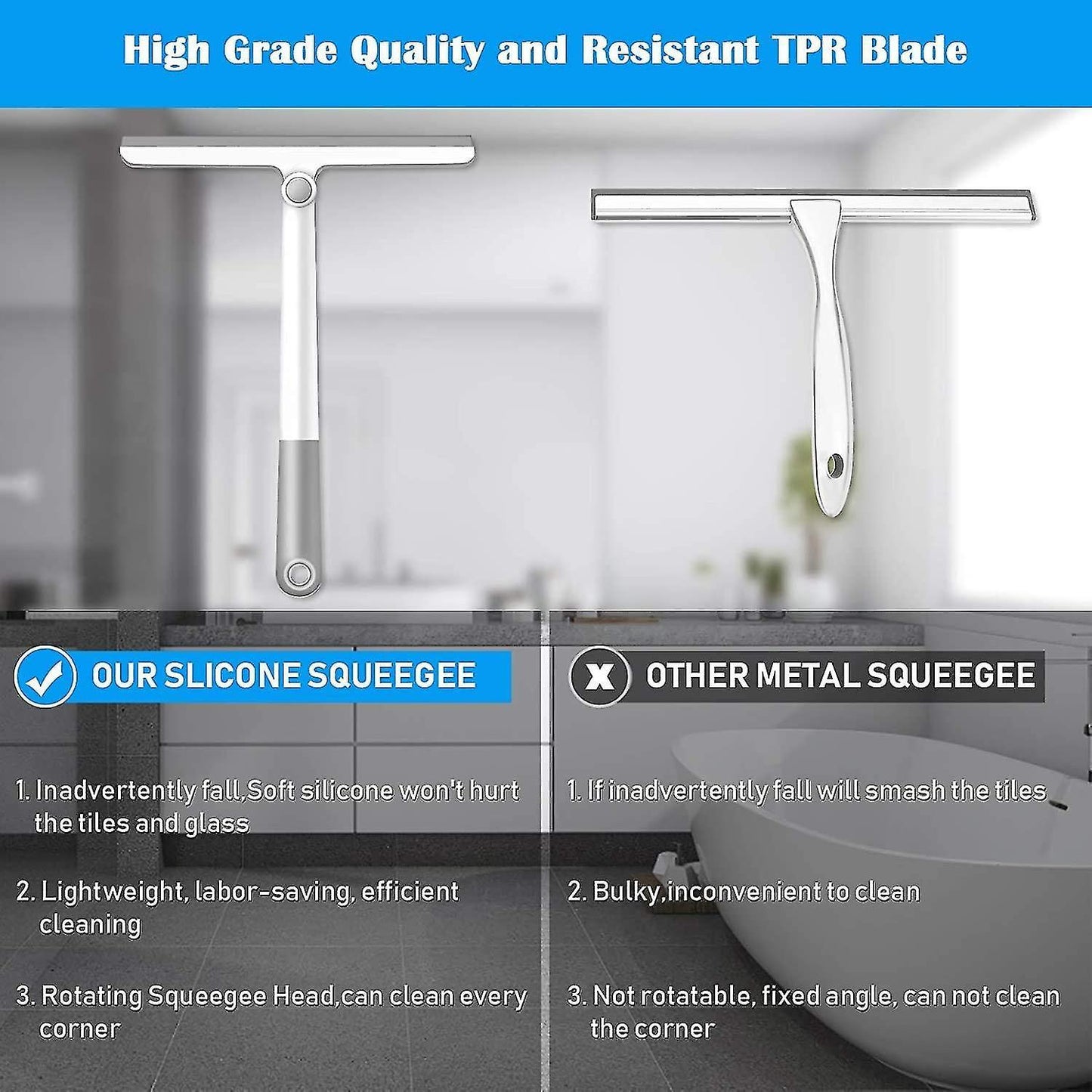 Silicone Shower Squeegee with Rotating Handle for Bathroom/Window