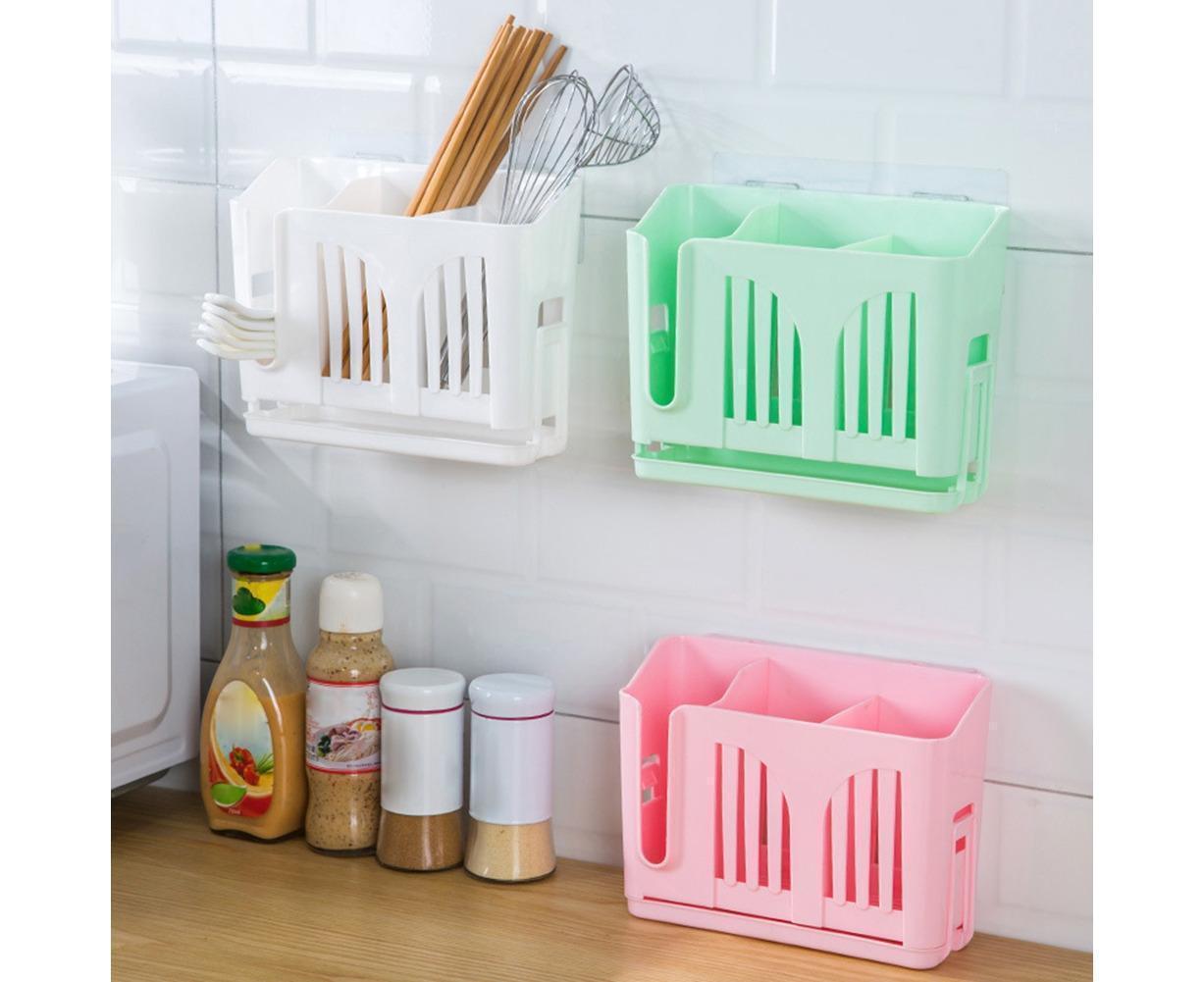 Home Chopsticks Cage Wall-mounted Drain Storage Rack Fork Knife Spoon Holder-Beige