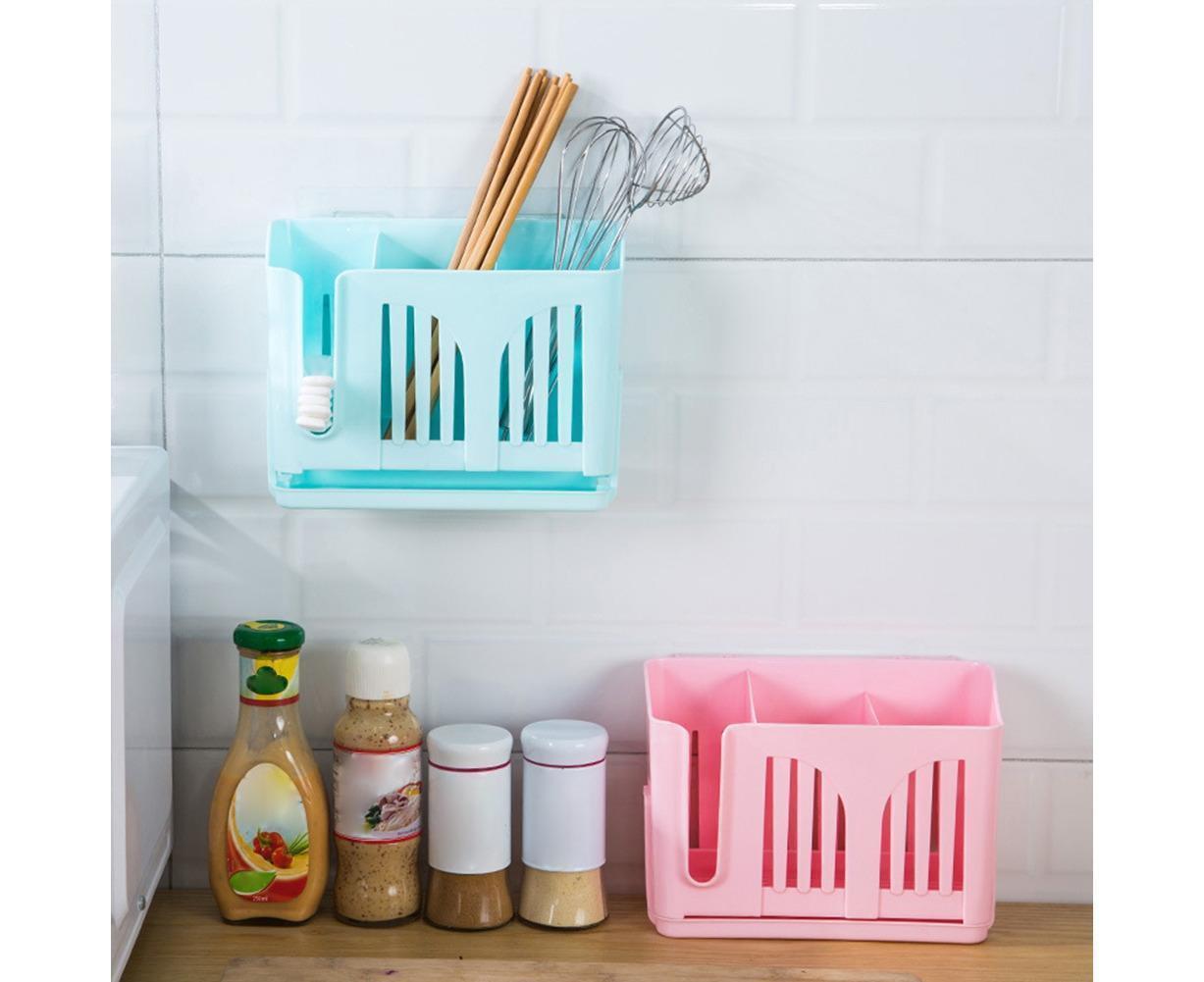 Home Chopsticks Cage Wall-mounted Drain Storage Rack Fork Knife Spoon Holder-Beige