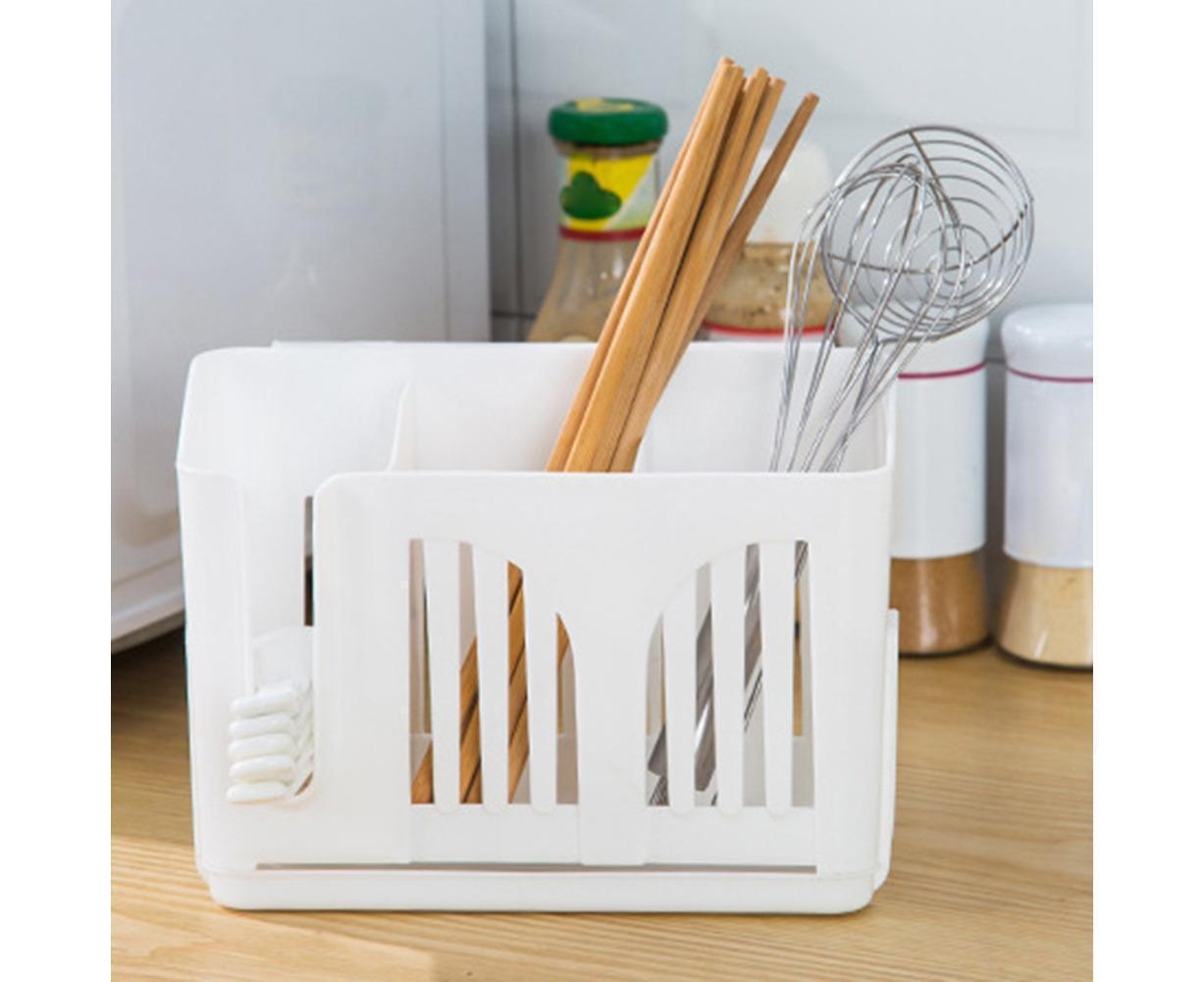 Home Chopsticks Cage Wall-mounted Drain Storage Rack Fork Knife Spoon Holder-Beige