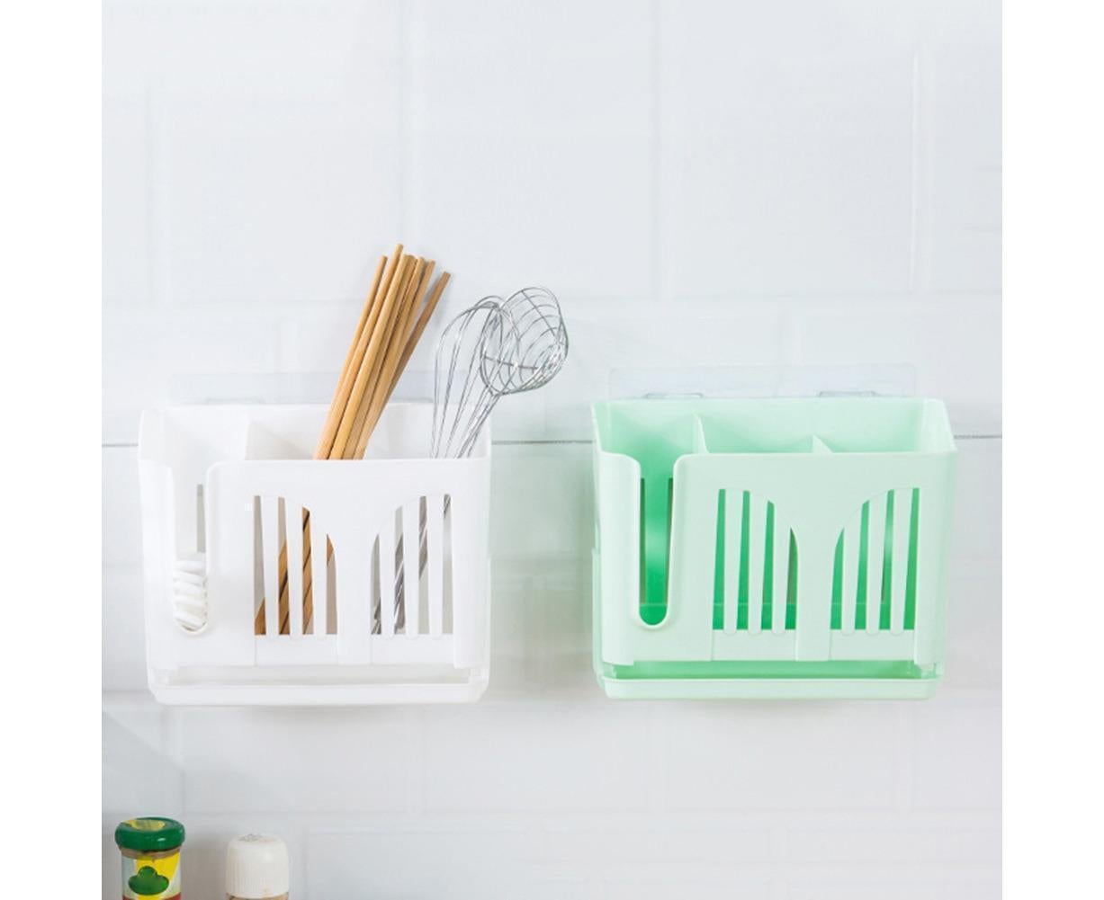 Home Chopsticks Cage Wall-mounted Drain Storage Rack Fork Knife Spoon Holder-Beige