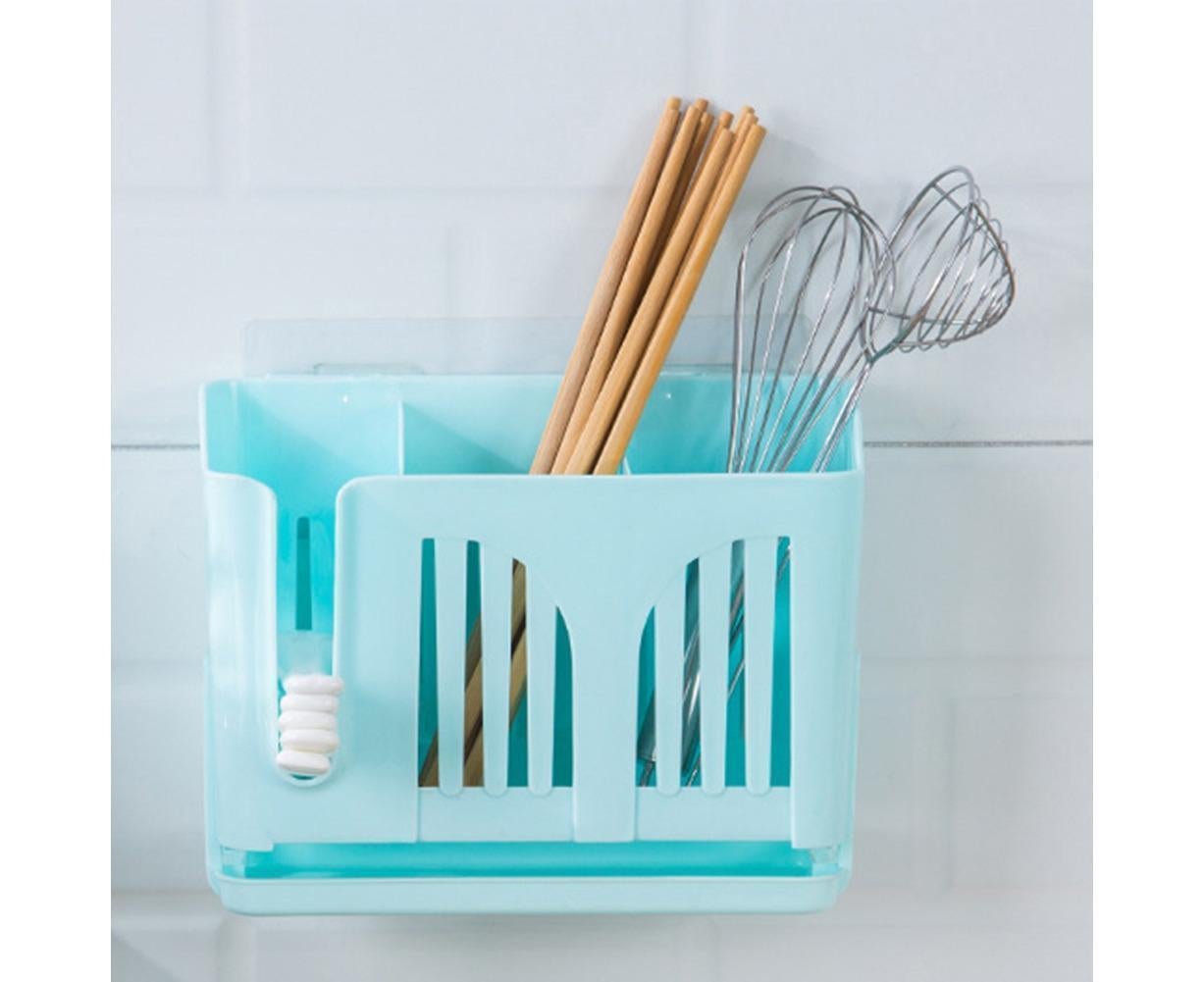 Home Chopsticks Cage Wall-mounted Drain Storage Rack Fork Knife Spoon Holder-Beige