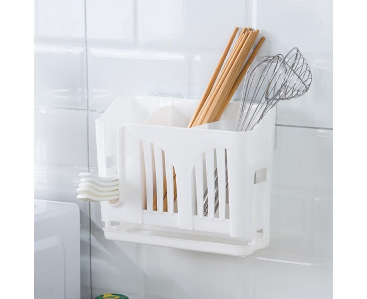 Home Chopsticks Cage Wall-mounted Drain Storage Rack Fork Knife Spoon Holder-Beige