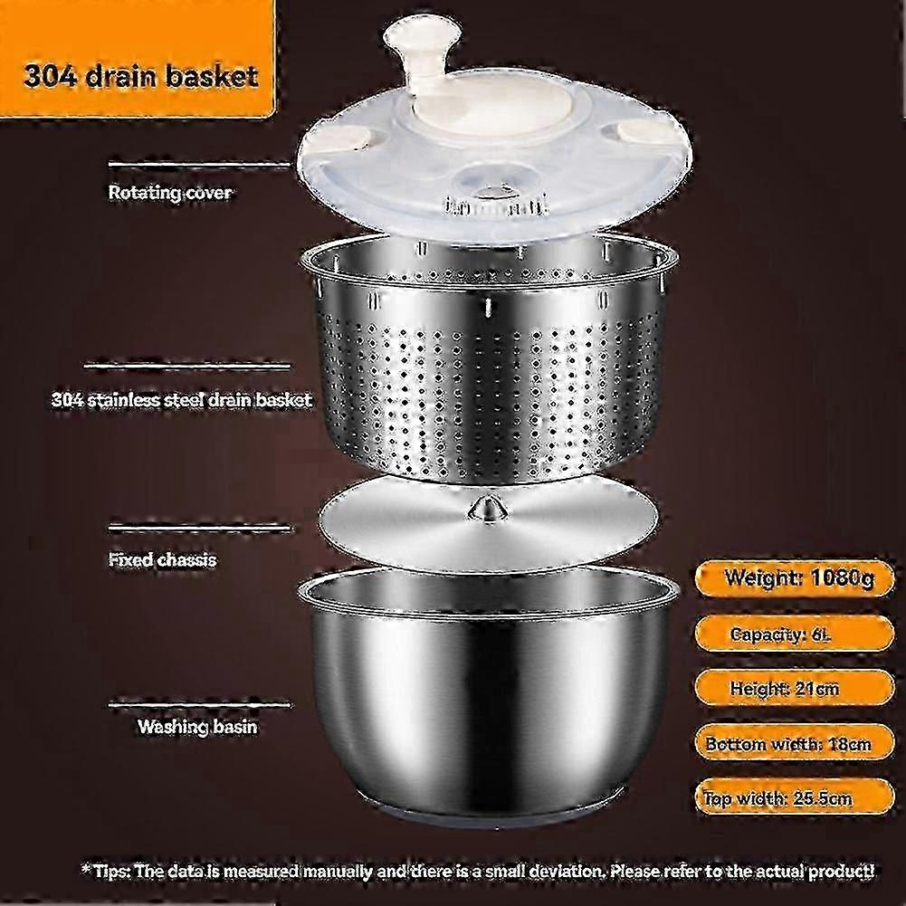 6L Stainless Steel Salad Spinner with PP Lid, Fruit & Veg Washer