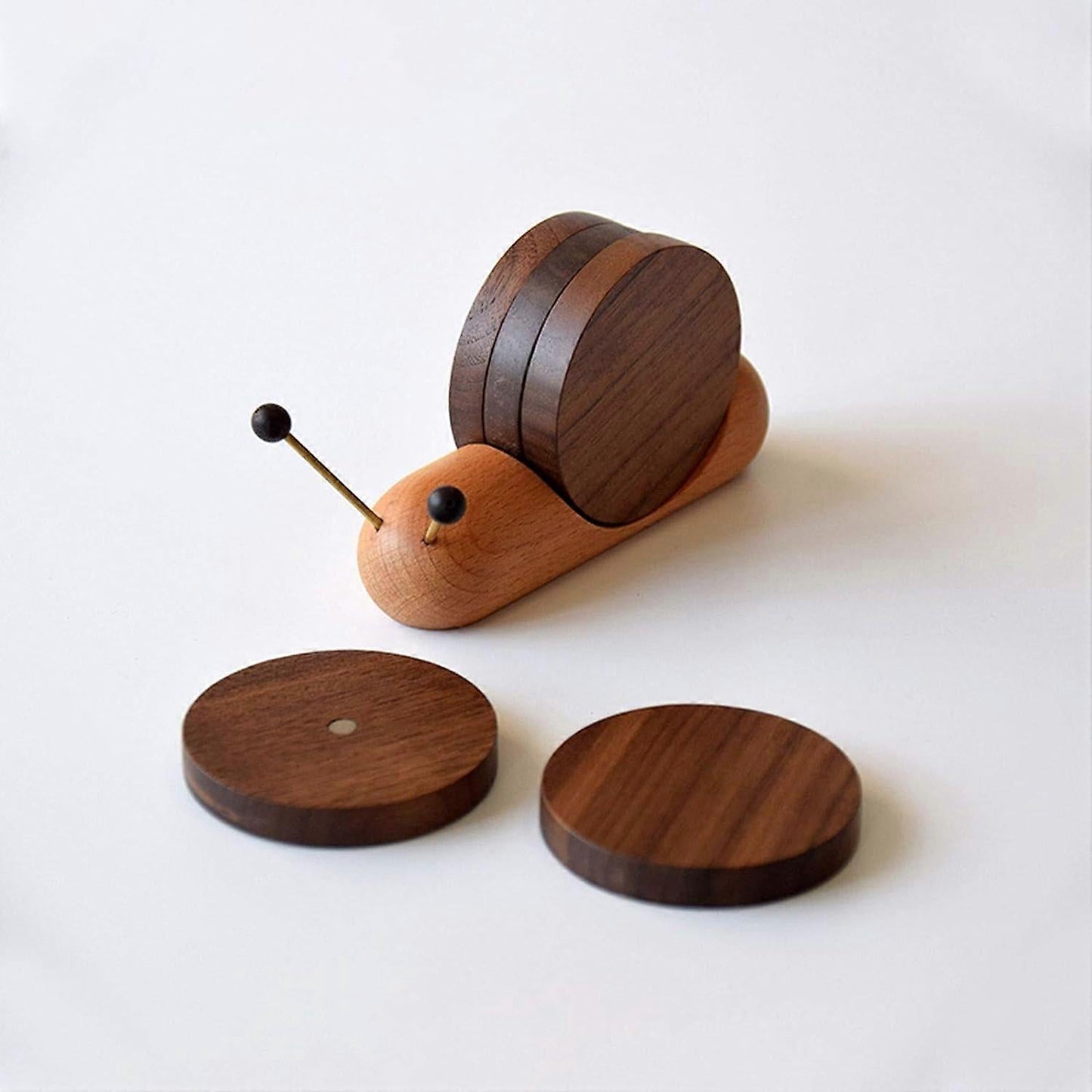 Round Wooden Coaster Set Funny Snail Shape Black Walnut