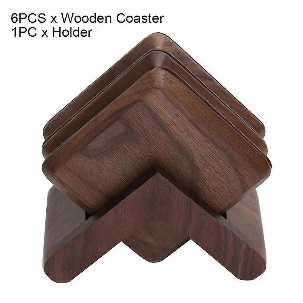 6pcs Wooden Drink Coasters with Holder for Kitchen Cafe