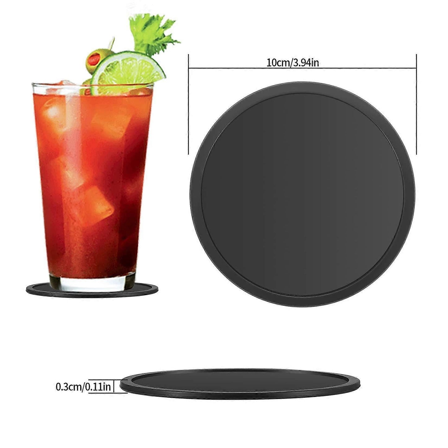 8pcs Round Black Silicone Drink Coasters for Glasses Cups