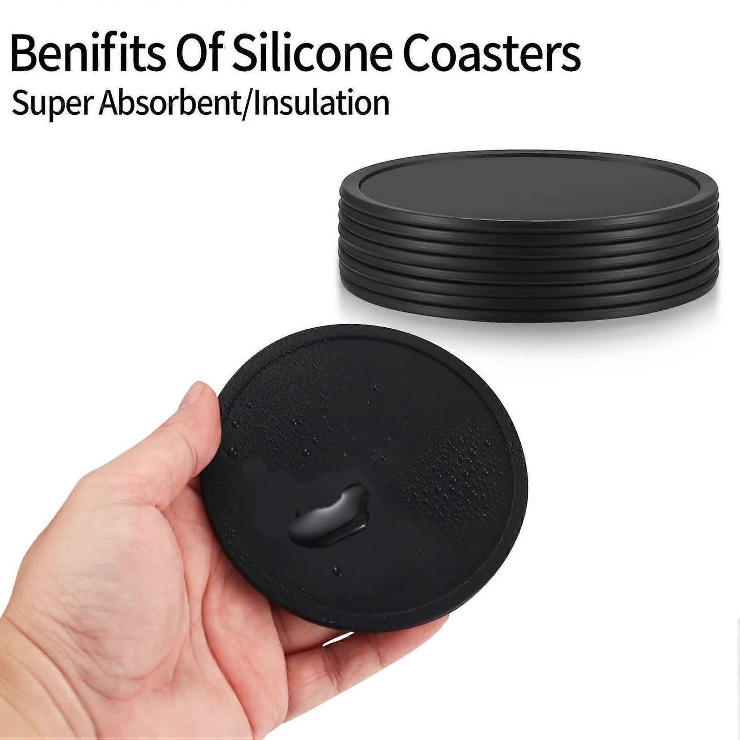 8pcs Round Black Silicone Drink Coasters for Glasses Cups