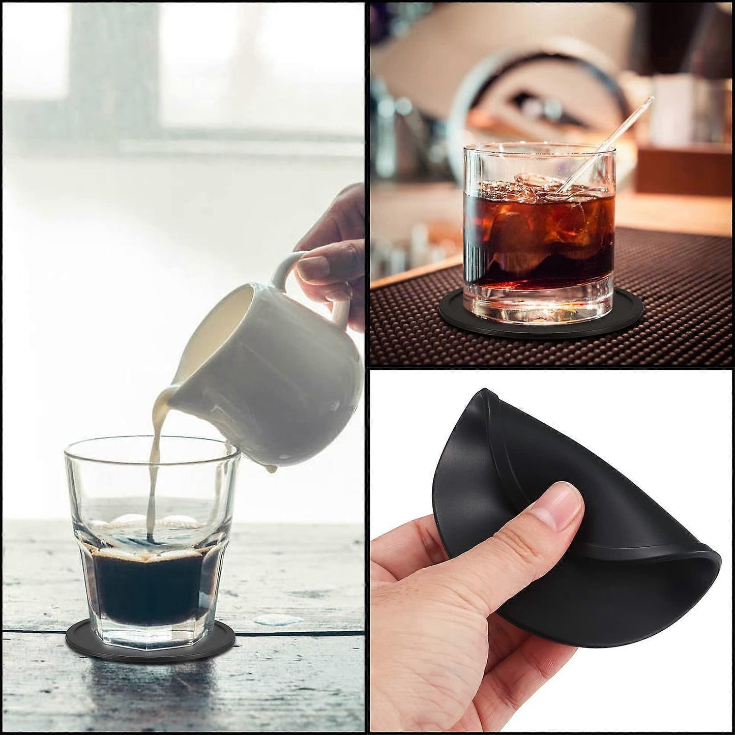 8pcs Round Black Silicone Drink Coasters for Glasses Cups