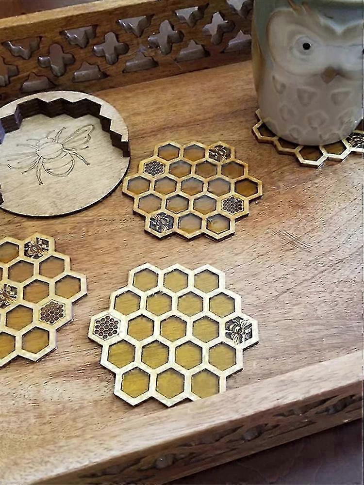 4pcs Wooden Hexagon Honeycomb Drink Coasters Set