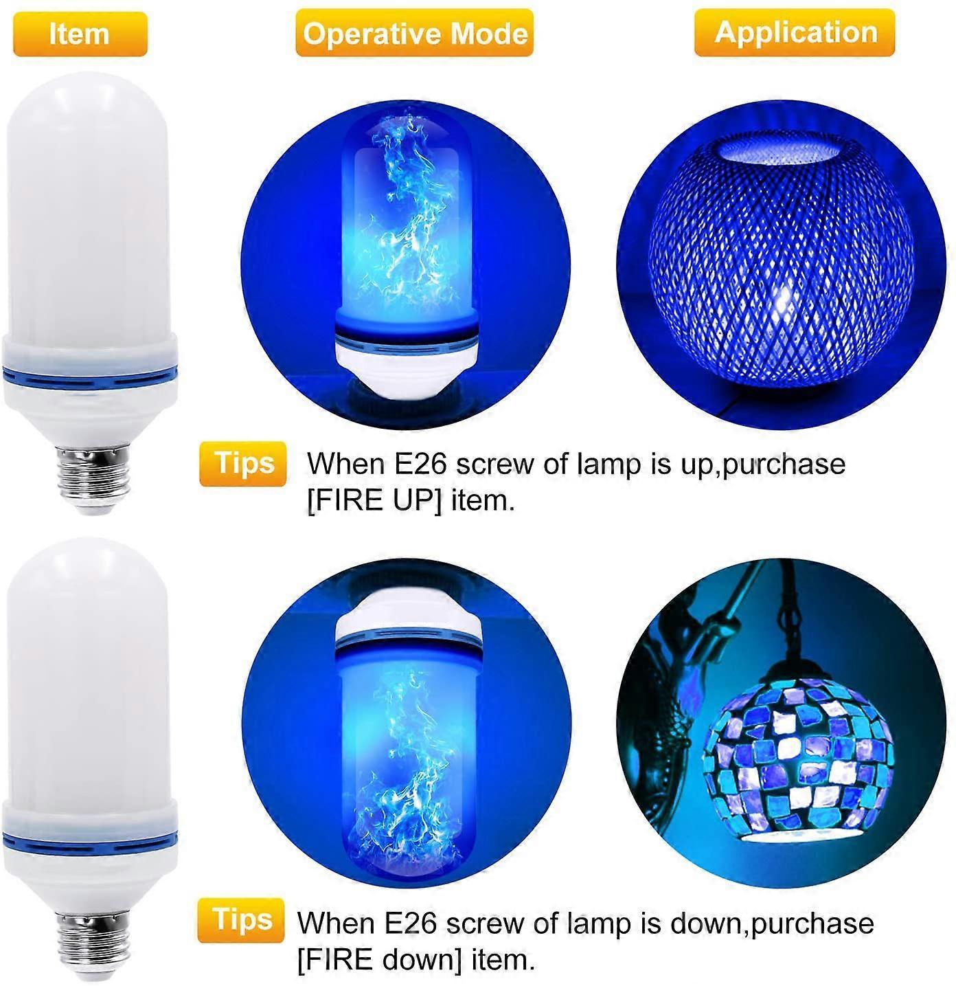 2pcs LED Flame Effect Bulbs 4 Modes E26 Gravity Sensor Flickering Lights