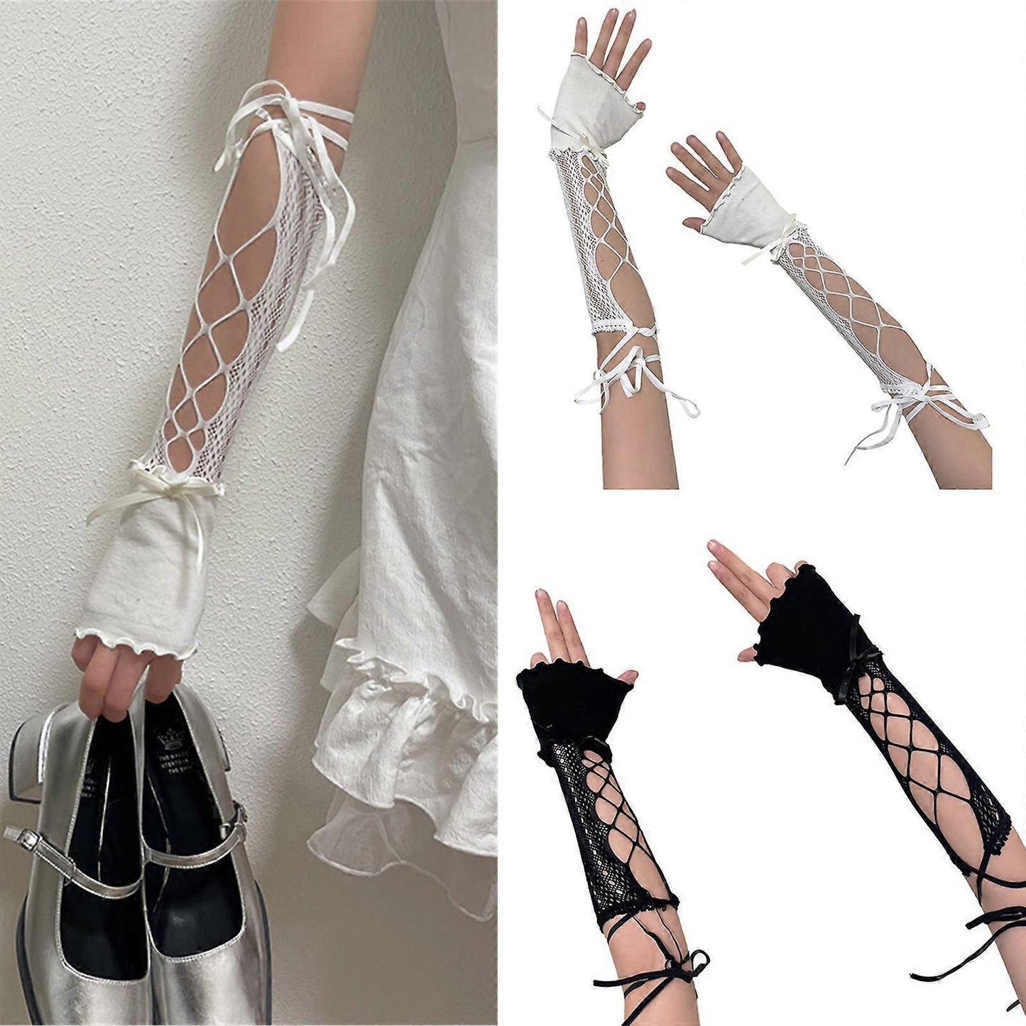 2000s Hollow Lace Up Arm Sleeves Summer Cooling Fashion White