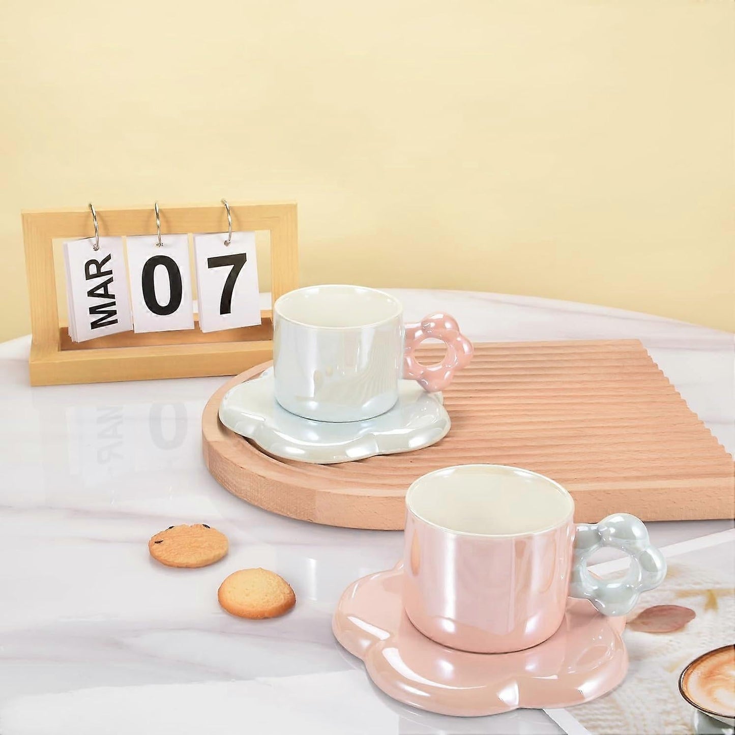 Ceramic Coffee Cup & Saucer Set Flower Mug Demitasse 10oz Pearl Pink