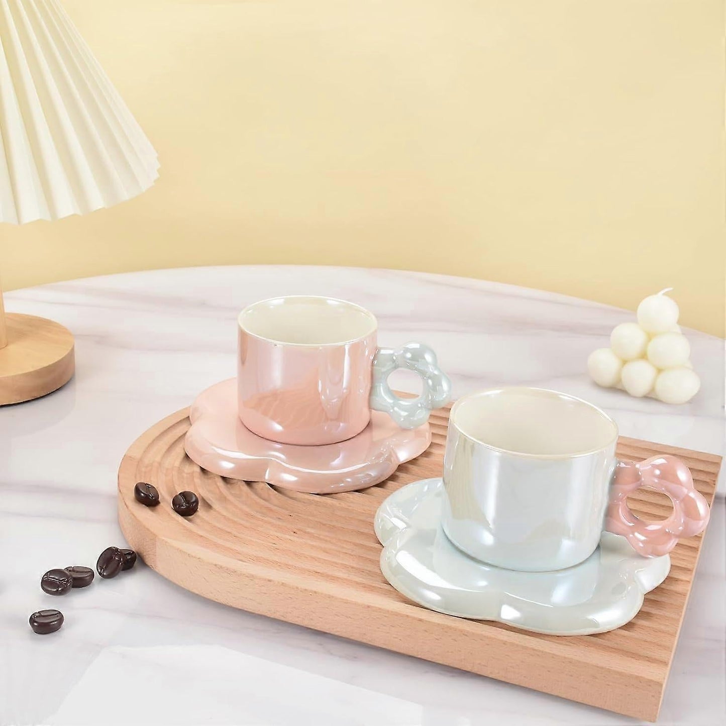 Ceramic Coffee Cup & Saucer Set Flower Mug Demitasse 10oz Pearl Pink